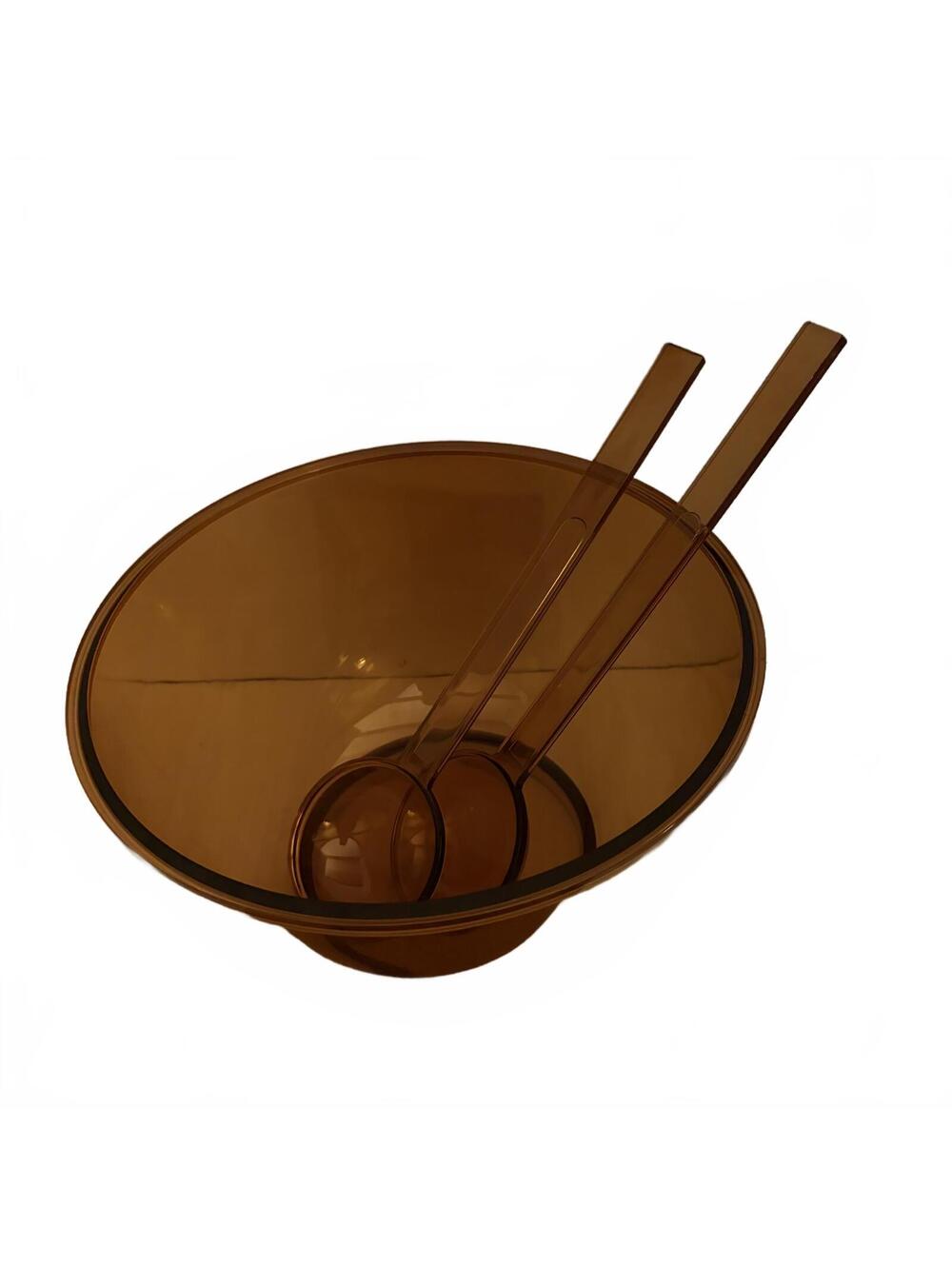 Vintage Dansk Designs amber acrylic salad bowl with serving utensils. - Picture 3 of 16